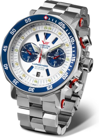 Vostok Europe Lunokhod 2 Grand Chrono Men's Watch with Stainless Steel Strap White/Blue 620A630-B