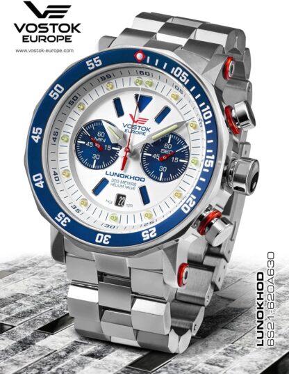 Vostok Europe Lunokhod 2 Grand Chrono Men's Watch with Stainless Steel Strap White/Blue 620A630-B - Image 2