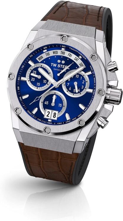 TW Steel ACE Genesis Mens 44mm Quartz Chronograph Watch with Leather on Rubber Strap, and Day/Date Calendar - Image 3