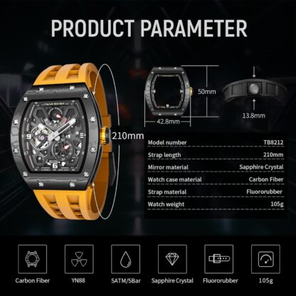 TSAR BOMBA Luxury Men's Automatic Watch Mechanical Japanese Movement Sapphire Crystal 50M Waterproof Carbon Fiber Tonneau Unique Business Gifts for Men Luminous Wristwatch Analogue Black Fashion - Image 6