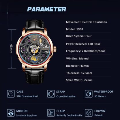 Haofa Manual Tourbillon Watch for Men 120 Hour Power Reserve Double Skeleton Sapphire Stainless Steel Mechanical Watch Waterproof Business Gentleman Watch for Men 1938 - Image 6