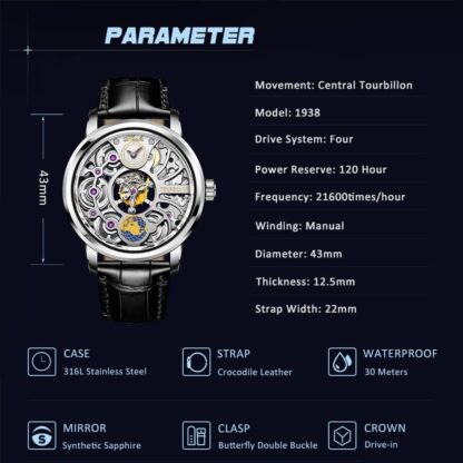 Haofa Manual Tourbillon Watch for Men 120 Hour Power Reserve Double Skeleton Sapphire Stainless Steel Mechanical Watch Waterproof Business Gentleman Watch for Men 1938 - Image 10