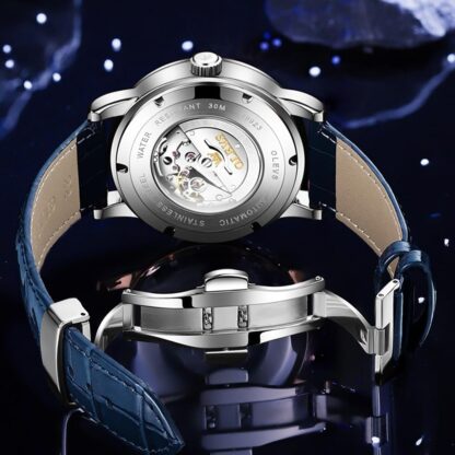 OLEVS Automatic Men's Watch Mechanical Watch Diamond Luxury Dress Skeleton Starry Sky Leather Strap Self Winding Waterproof Business Watch Blue Rose Gold - Image 9