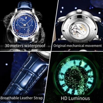 OLEVS Automatic Men's Watch Mechanical Watch Diamond Luxury Dress Skeleton Starry Sky Leather Strap Self Winding Waterproof Business Watch Blue Rose Gold - Image 12