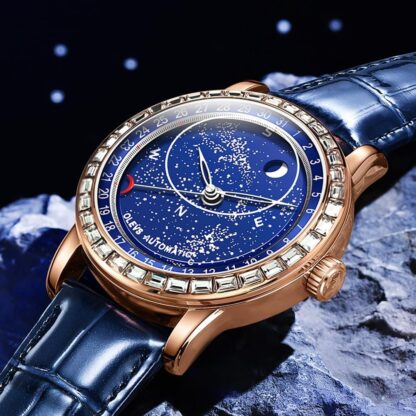 OLEVS Automatic Men's Watch Mechanical Watch Diamond Luxury Dress Skeleton Starry Sky Leather Strap Self Winding Waterproof Business Watch Blue Rose Gold - Image 14