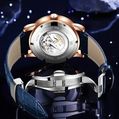 OLEVS Automatic Men's Watch Mechanical Watch Diamond Luxury Dress Skeleton Starry Sky Leather Strap Self Winding Waterproof Business Watch Blue Rose Gold - Image 15