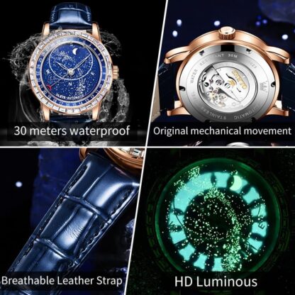 OLEVS Automatic Men's Watch Mechanical Watch Diamond Luxury Dress Skeleton Starry Sky Leather Strap Self Winding Waterproof Business Watch Blue Rose Gold - Image 18