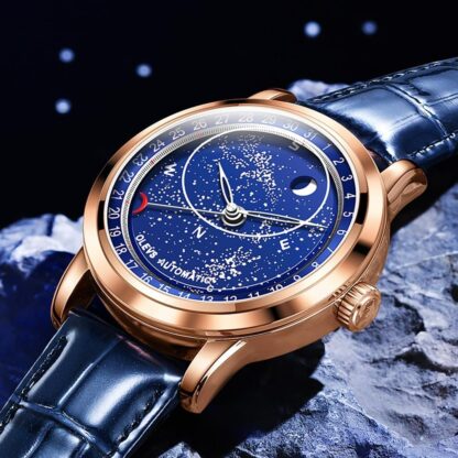 OLEVS Automatic Men's Watch Mechanical Watch Diamond Luxury Dress Skeleton Starry Sky Leather Strap Self Winding Waterproof Business Watch Blue Rose Gold - Image 20