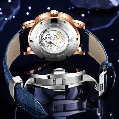 OLEVS Automatic Men's Watch Mechanical Watch Diamond Luxury Dress Skeleton Starry Sky Leather Strap Self Winding Waterproof Business Watch Blue Rose Gold - Image 21