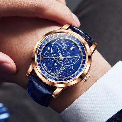 OLEVS Automatic Men's Watch Mechanical Watch Diamond Luxury Dress Skeleton Starry Sky Leather Strap Self Winding Waterproof Business Watch Blue Rose Gold - Image 22