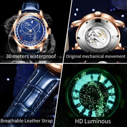 OLEVS Automatic Men's Watch Mechanical Watch Diamond Luxury Dress Skeleton Starry Sky Leather Strap Self Winding Waterproof Business Watch Blue Rose Gold - Image 24