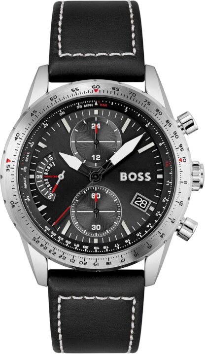 BOSS Men's 44mm Chronograph Quartz Watch Pilot Edition Chrono with Black Dial, Black Leather Strap, Date Fuction, 3 Sub-Dials, 5ATM Water Resistance - 1513853