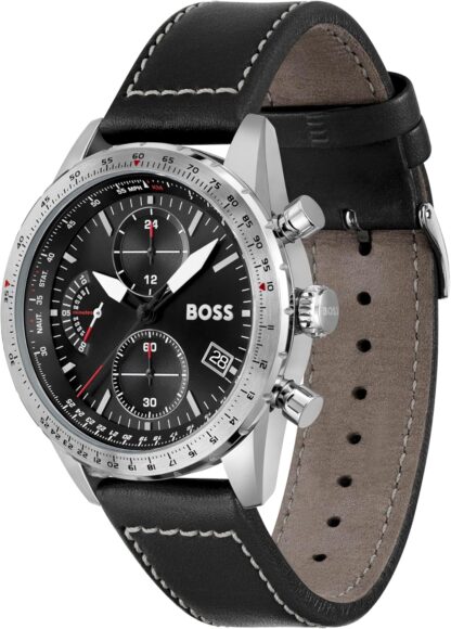 BOSS Men's 44mm Chronograph Quartz Watch Pilot Edition Chrono with Black Dial, Black Leather Strap, Date Fuction, 3 Sub-Dials, 5ATM Water Resistance - 1513853 - Image 2