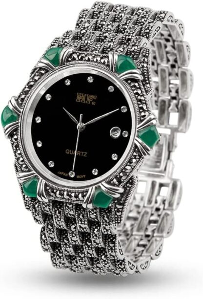 JadeAngel Watches for Women 925 Sterling Silver Pave Green Onyx Marcasite Luxury Silver Jewelry Wrist Watch