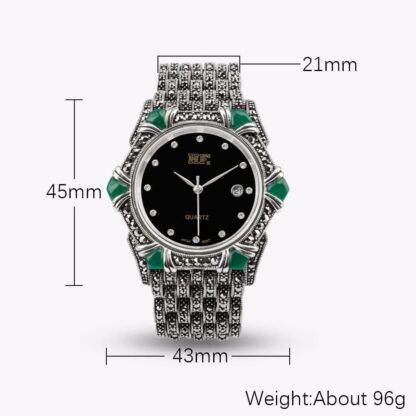 JadeAngel Watches for Women 925 Sterling Silver Pave Green Onyx Marcasite Luxury Silver Jewelry Wrist Watch - Image 6