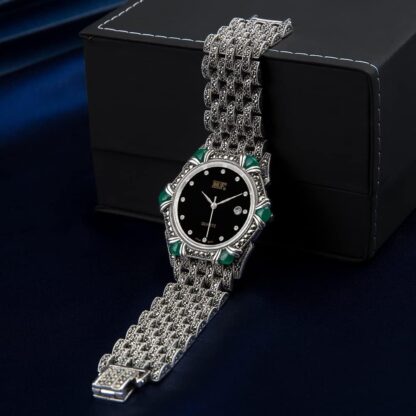 JadeAngel Watches for Women 925 Sterling Silver Pave Green Onyx Marcasite Luxury Silver Jewelry Wrist Watch - Image 7