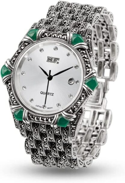 JadeAngel Watches for Women 925 Sterling Silver Pave Green Onyx Marcasite Luxury Silver Jewelry Wrist Watch - Image 9