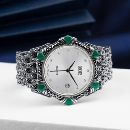 JadeAngel Watches for Women 925 Sterling Silver Pave Green Onyx Marcasite Luxury Silver Jewelry Wrist Watch - Image 12