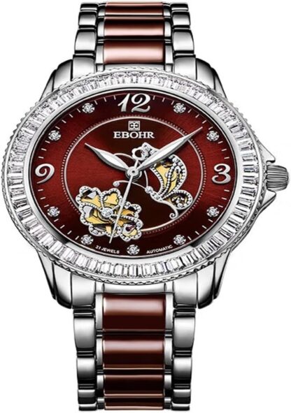 ooazbhy Dielianhua Series Women's Automatic Mechanical Watch, Light Luxury Diamond-Encrusted Waterproof Watch for Your Girlfriend, Red Plate Porcelain Steel [Classic and Charming]