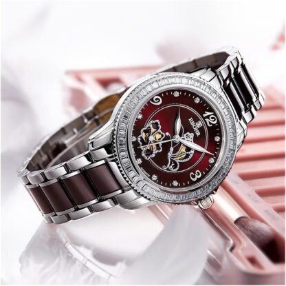 ooazbhy Dielianhua Series Women's Automatic Mechanical Watch, Light Luxury Diamond-Encrusted Waterproof Watch for Your Girlfriend, Red Plate Porcelain Steel [Classic and Charming] - Image 3