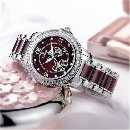 ooazbhy Dielianhua Series Women's Automatic Mechanical Watch, Light Luxury Diamond-Encrusted Waterproof Watch for Your Girlfriend, Red Plate Porcelain Steel [Classic and Charming] - Image 4