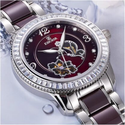 ooazbhy Dielianhua Series Women's Automatic Mechanical Watch, Light Luxury Diamond-Encrusted Waterproof Watch for Your Girlfriend, Red Plate Porcelain Steel [Classic and Charming] - Image 6