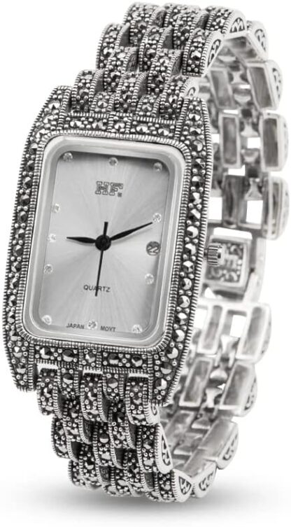 JadeAngel Women's Rectangular Watch Luxury 925 Sterling Silver Jewelry Ladies Wrist Watch Pave Marcasite Fine Jewelry