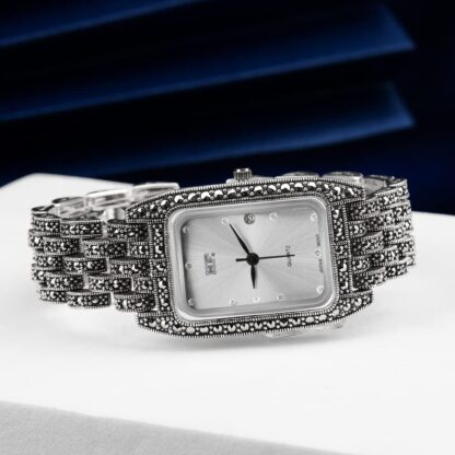 JadeAngel Women's Rectangular Watch Luxury 925 Sterling Silver Jewelry Ladies Wrist Watch Pave Marcasite Fine Jewelry - Image 3