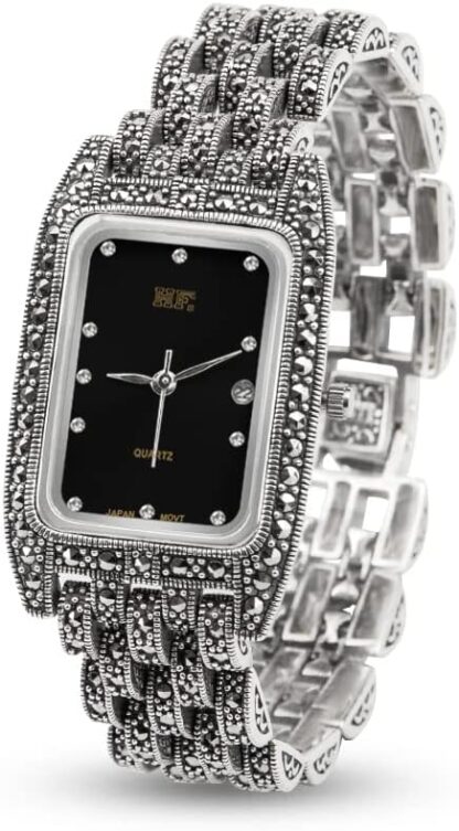 JadeAngel Women's Rectangular Watch Luxury 925 Sterling Silver Jewelry Ladies Wrist Watch Pave Marcasite Fine Jewelry - Image 7