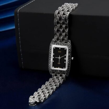 JadeAngel Women's Rectangular Watch Luxury 925 Sterling Silver Jewelry Ladies Wrist Watch Pave Marcasite Fine Jewelry - Image 9