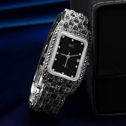 JadeAngel Women's Rectangular Watch Luxury 925 Sterling Silver Jewelry Ladies Wrist Watch Pave Marcasite Fine Jewelry - Image 10